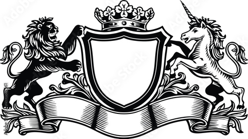 Heraldic vector emblem design with a royal gold coat of arms, shield, crown, and ornate ribbon banner illustration