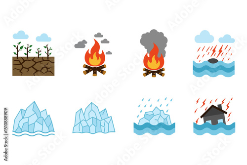 Global Warming Environmental Impact Icon Set