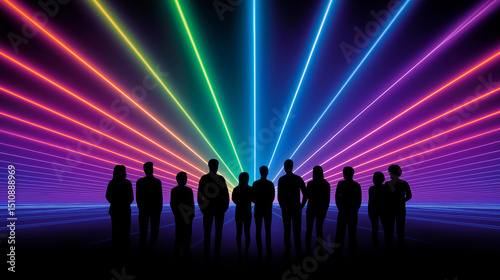 Silhouetted crowd standing before vibrant rainbow laser light display in futuristic dark space