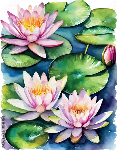 Water lilies or lotuses watercolor, Painting Art of flowers on water