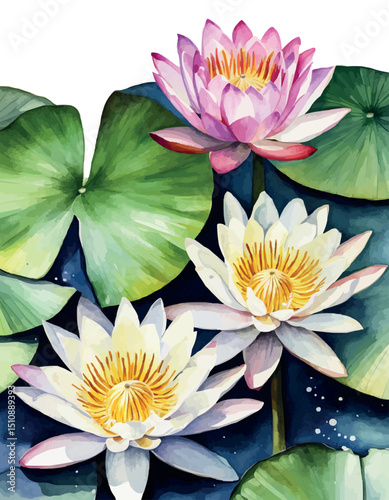 Water lilies or lotuses watercolor, Painting Art of flowers on water
