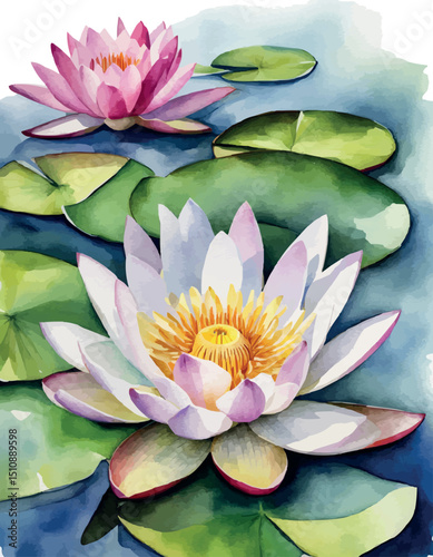 Water lilies or lotuses watercolor, Painting Art of flowers on water