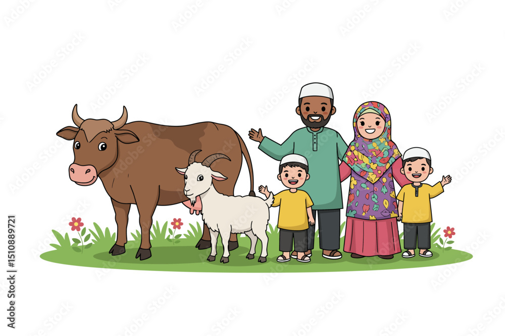 Naklejka premium Cartoon Family with Animals Illustration for Greeting Card