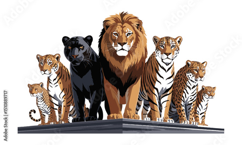 A high-quality modern vector illustration featuring a lineup of big cats in a semi-realistic,  Include a lion, lioness, tiger, black panther, cheetah, jaguar, and leopard, easily scalable and editable