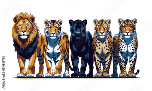 A high-quality modern vector illustration featuring a lineup of big cats in a semi-realistic,  Include a lion, lioness, tiger, black panther, cheetah, jaguar, and leopard, easily scalable and editable