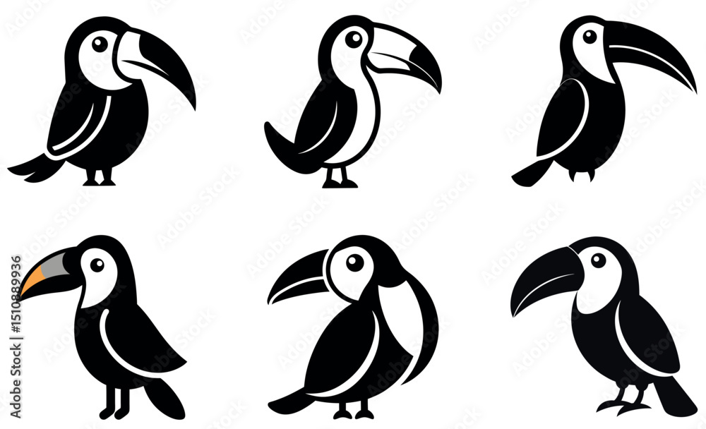 Fototapeta premium Six Cute Black and White Toucan Silhouettes