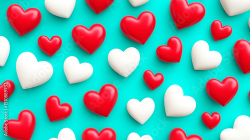 Seamless pattern of red and white hearts on bright turquoise background symbolizing love and celebration