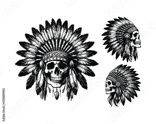 skull with native american indian chief headdress with feathers, black and white vector sketch illustration