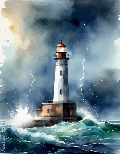 Watercolor lighthouse towers over sea, full moon, sunset sky. Coastal charm, nautical design, home decor and travel posters