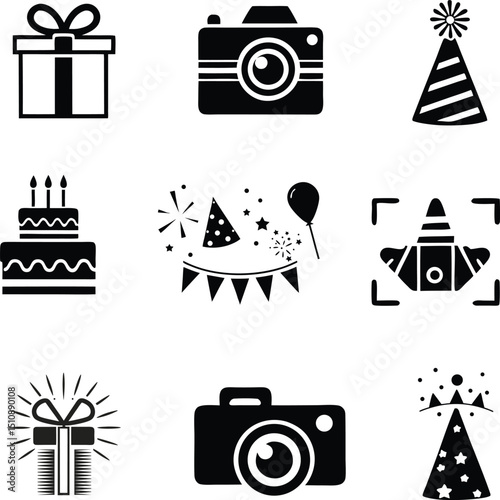 Birthday Celebration Icons Set Party, Cake, Gift, Hat, Balloon Vector Graphics design. Birthday icon design