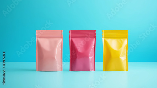 Colorful stand-up pouch packaging in pink red and yellow on vibrant blue background for branding and product display