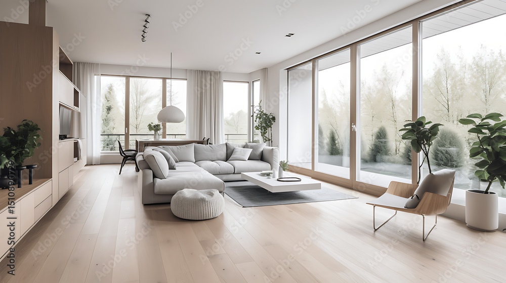 Fototapeta premium Modern Scandinavian Style Living Room Interior Design with Light Colors