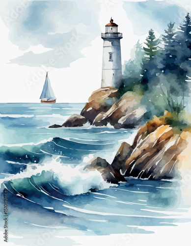 Watercolor lighthouse towers over sea, full moon, sunset sky. Coastal charm, nautical design, home decor and travel posters