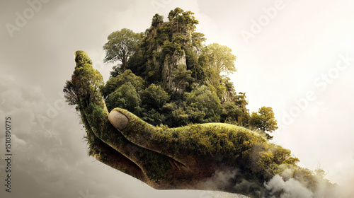 Surreal hand-shaped landscape cradling lush mountain and forest symbolizing harmony between humanity and nature