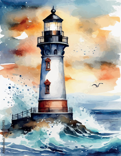 Watercolor lighthouse towers over sea, full moon, sunset sky. Coastal charm, nautical design, home decor and travel posters