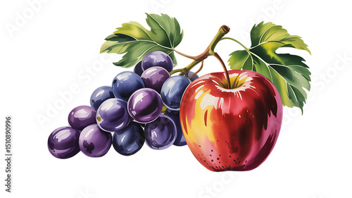 Vibrant Watercolor Painting of Apples and Grapes A Still Life Masterpiece