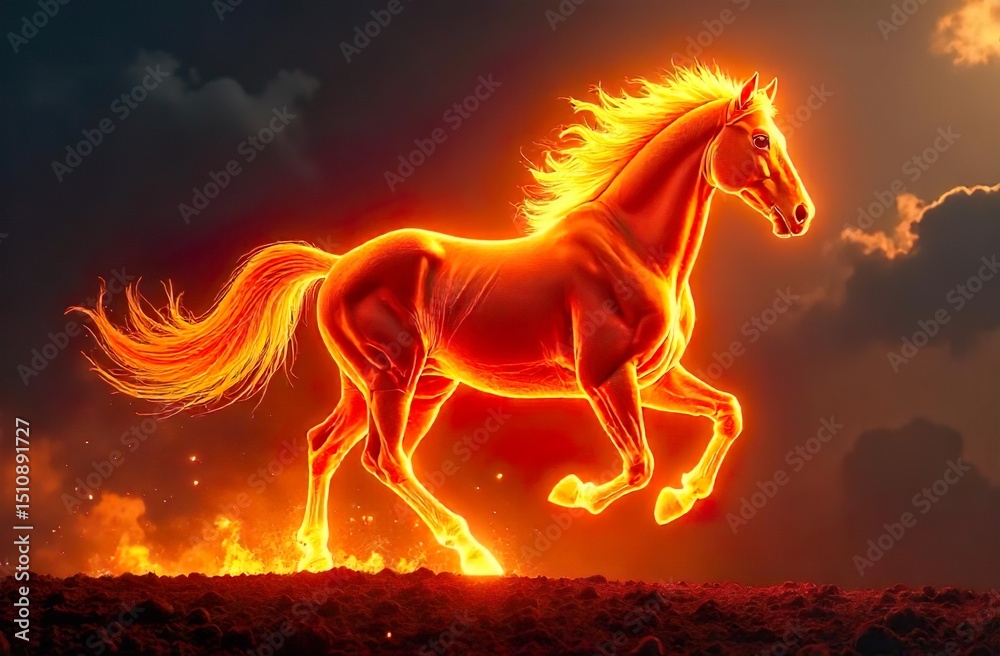 Fototapeta premium A majestic fiery horse running through flames, symbolizing the 2026 Year of the Fire Horse in Chinese astrology. The horse is glowing with intense heat, embodying power, strength, and energy