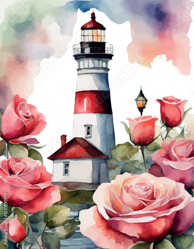 Lighthouse and flowers: rose, violet and pansy and water lily. Vector watercolor illustration