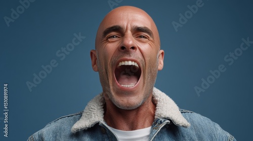 Man in jeans and puffy jacket is laughing heartily, mouth open wide.
