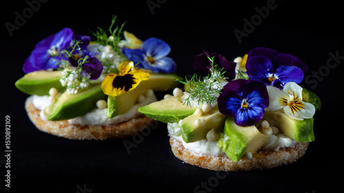 Canapes with avocado cream and flowers