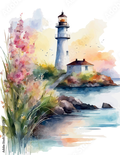 Lighthouse on the seashore at sunset, watercolour. Vector illustration