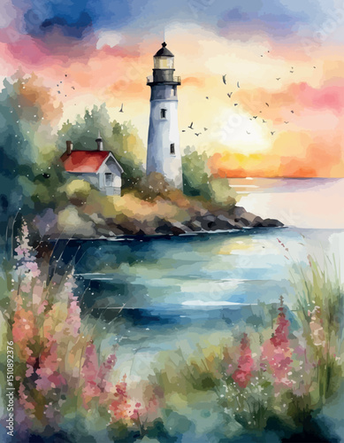 Lighthouse on the seashore at sunset, watercolour. Vector illustration