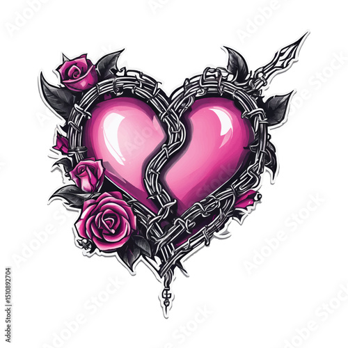 Y2k Gothic pink hearts with barbed wire. Perfect Gothic hearts in 2000s style. Pink Emo goth tattoo stickers flamed