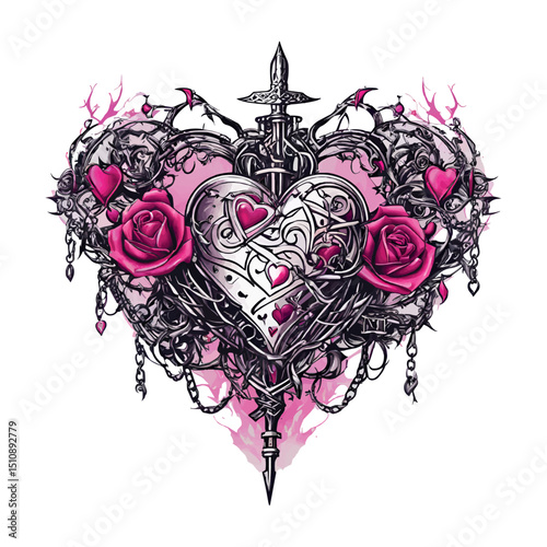 Y2k Gothic pink hearts with barbed wire. Perfect Gothic hearts in 2000s style. Pink Emo goth tattoo stickers flamed