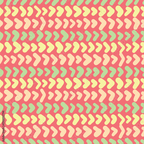 Chunky arrow repeated vector design. Doodle chevron seamless tile pattern in green, orange and yellow over red.