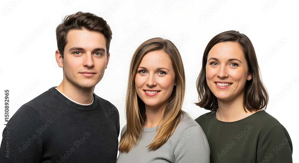 Three individuals smiling in a studio shot. Three individuals smiling in a studio shot.