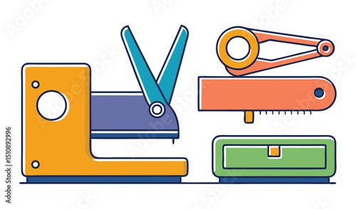 Colorful illustration of office supplies stapler scissors tape dispenser