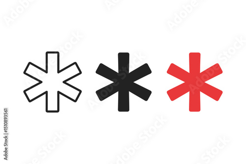 Minimalist Asterisk Icon Set Outline Solid Black and Red Vector Symbols