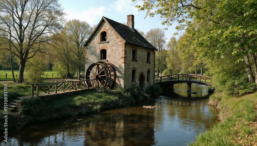 Obraz premium Historic watermill with a wooden wheel beside a tranquil river 