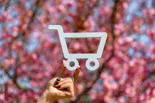 Hand holding a white shopping cart cutout with a backdrop of vibrant pink cherry blossoms on a sunny day.