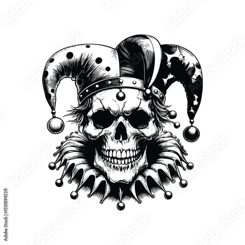 skull with jester hat, black and white vector sketch illustration