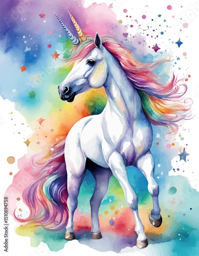 Unicorn head in wreath of flowers. Watercolor vector illustration