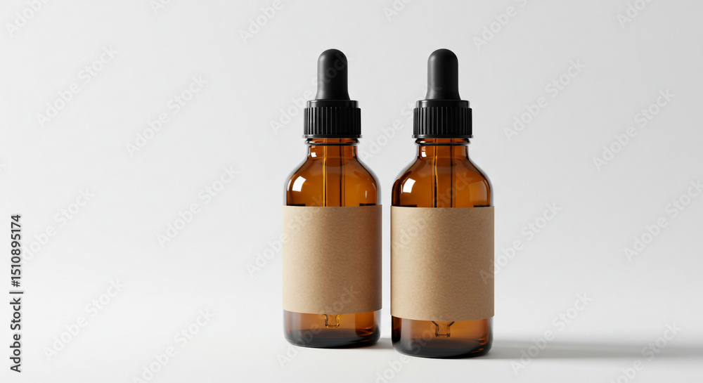 Obraz premium Two amber glass bottles with dropper caps and blank labels on a white surface in a studio setting