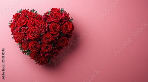 Red roses heart-shaped arrangement, pink background, Valentine's Day, romantic, greeting card
