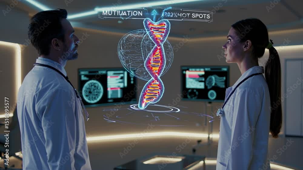 Medical team analyzing futuristic 3d dna model in laboratory