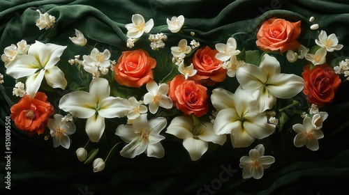 Floral arrangement,  orange and white roses, lilies, jasmine on dark green velvet