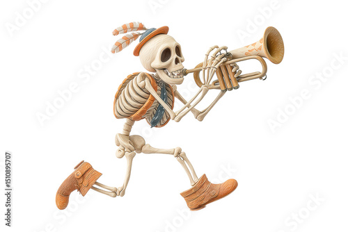 PNG Cartoon skeleton playing trumpet with feathered hat and boots
