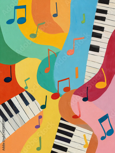 Vibrant abstract musical composition featuring colorful notes and piano keys in a dynamic arrangement