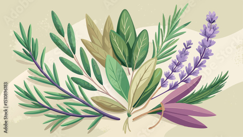 A flat lay composition features sage leaves, lavender sprigs, and rosemary branches delicately arranged on a light, neutral surface. The soft green hues of sage, the muted purple tones of lavender, an