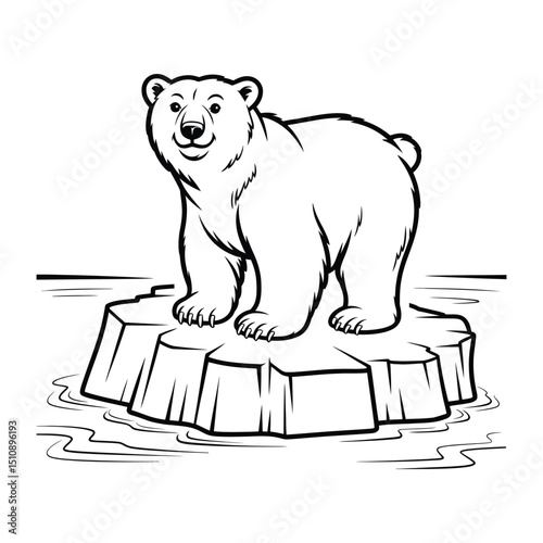 Polar bear on ice Coloring Page, Silhouette, Vector, Illustration, Outline, Logo, White Background.