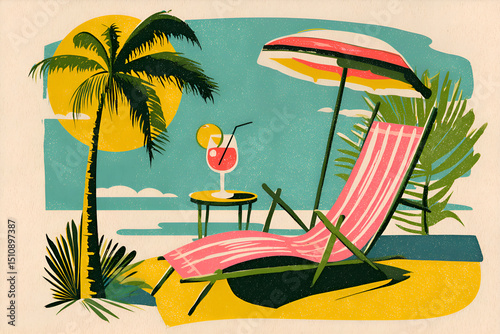 Beach chair and cocktail enjoying tropical sunset view