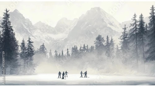 People skating on a frozen lake in front of snowy mountains in a pencil drawing style.