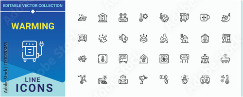 Warming icon set. Pack of temperature, boil, fireplace, equipment, heater, boiler and more. Heating icon pack. Thin outline icons pack. Editable stroke. Pixel Perfect.