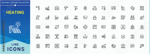 Heating vector icon set. Contains such icons as fire, temperature, boil, hot and more. Fireplace icon set. Outline icons collection. Pixel perfect. Editable stroke.