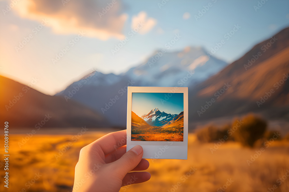 © utaem2022 - Hand holding instant photo of mount cook at sunset in new zealand © utaem2022 - Hand holding instant photo of mount cook at sunset in new zealand