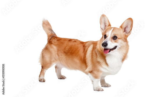 Cute shiba inu puppy with brown fur and tongue out, sitting happily on a white background